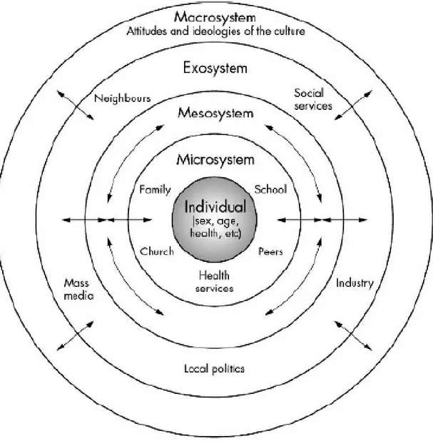 Figur 2. Modell av Brofenbrenners Ecological theory of development, från McLaren och Hawe (2005)
