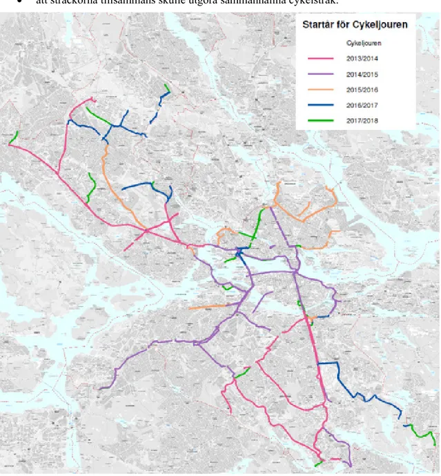 Figur 4. Karta över Stockholm som visar det sopsaltade cykelvägnätets utbredning, inom projektet 