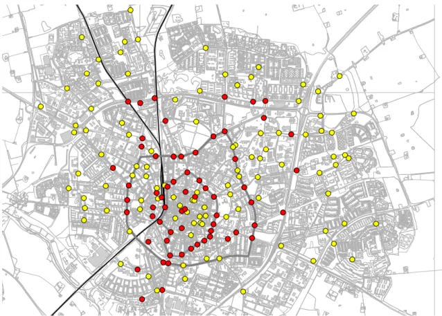 Figur 2  Karta över mätplatser i Lund. I de röda punkterna har cyklister räknats varje  år sedan 1992 medan det i de gula bara räknats vissa år