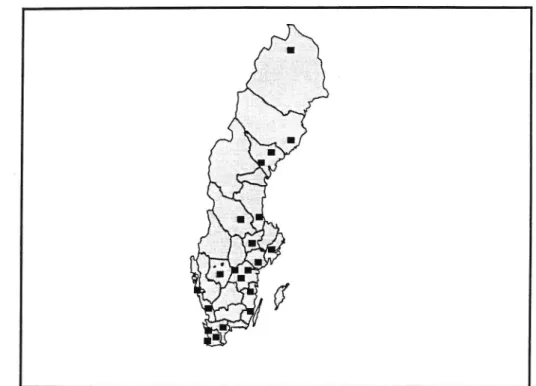 Figur 1 Geografisk spridning av de 21 orter som ingår i mätserien