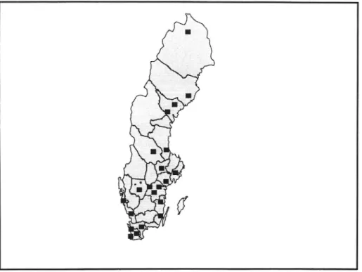 Figur 1 Geografisk spridning av de 21 orter som ingår i mätserien
