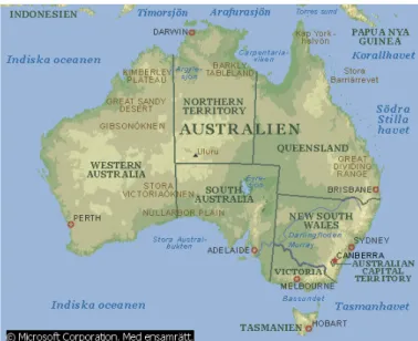 Figur 1  Karta över Australien och dess stater/territorier  (Encarta, 2002). 