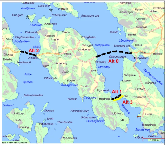 Figur 6.1. Beslutssituationen avseende fastlandsförbindelse för Arnö. Vägverket studerade  tre handlingsalternativ, den ”gamla”frigående färjan (Alternativ 0) samt lindragen färja i  två lägen, dels mellan Grönsöö och Arnö (Alt 1), dels mellan Arnö och Okn