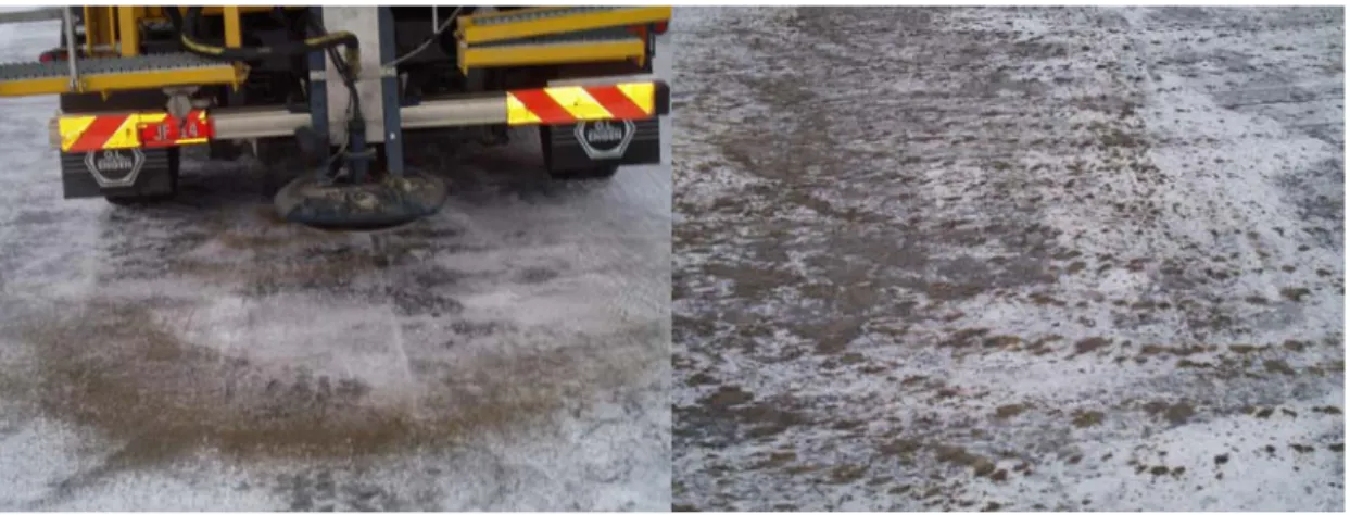 Figure 4  Photo showing the equipment for spraying warm wetted sand and the sand  spread on the road