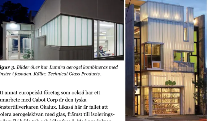 Figur 3. Bilder över hur Lumira aerogel kombineras med  fönster i fasaden. Källa: Technical Glass Products
