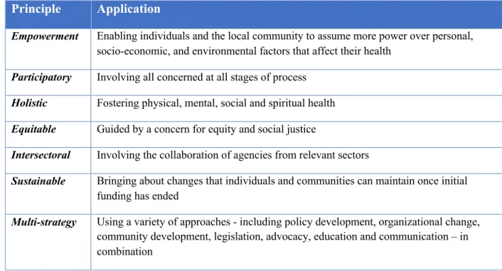 Table 1. Seven guiding principles for health promotion. Obtained from Rootman (2001). 