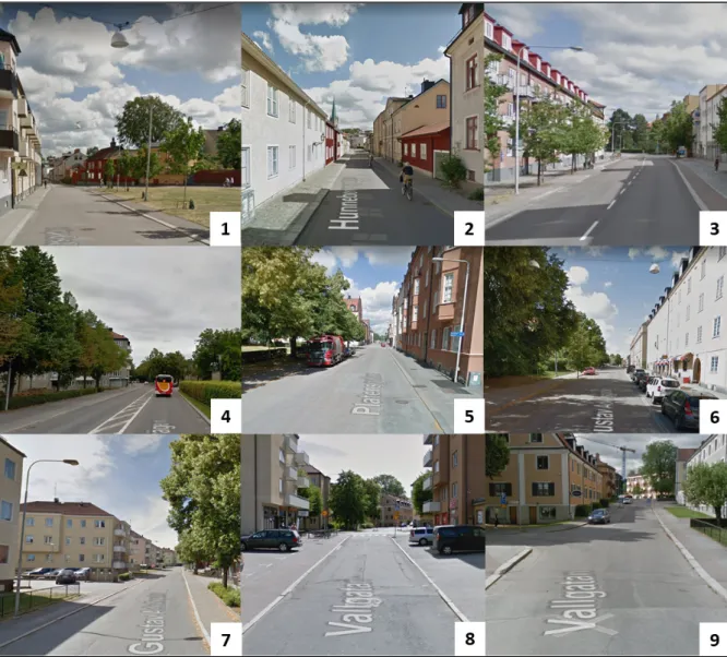 Figur  2. Bilder från de  nio delsträckor som ingick  i studien.  Bilder:  Google, ”street view”, Google   Maps (http://maps.google.com)
