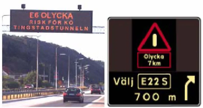 Figure 3.3  Left: Sign showing “E6 Accident, Risk of queue, Tingstad tunnel”. Right: 