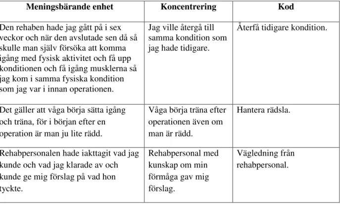Tabell  1.  Exempel  från  det  andra  dokumentet  i  innehållsanalysens  arbetsprocess  från  meningsbärande enhet till kod