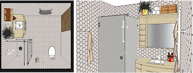 Figur 15. Plan-vy badrum  Figur 16. Närbild badrum - tvättställ,  duschkabin och handdukstork 