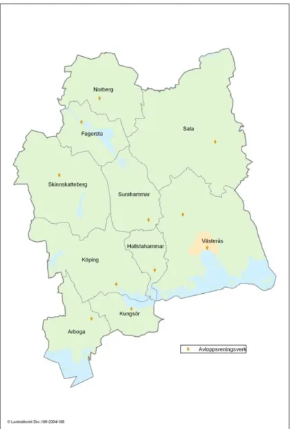 Figure 4.1.1 Municipal wastewater treatment plants in the County of Västmanland (Ericsson, 2010) 