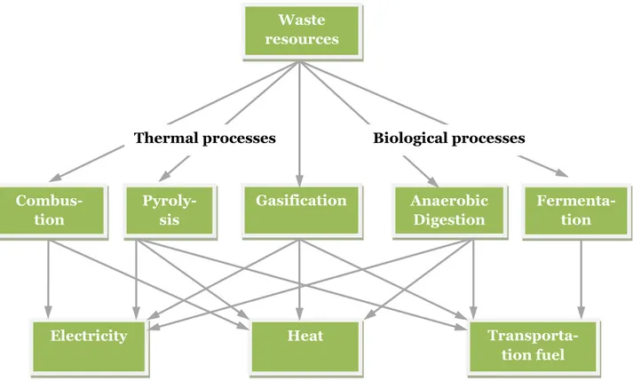 Figure 1.1 Waste to energy conversion pathways.  Waste  resources  Anaerobic Digestion  Fermenta-tion Pyroly-sis Gasification Combus-tion 