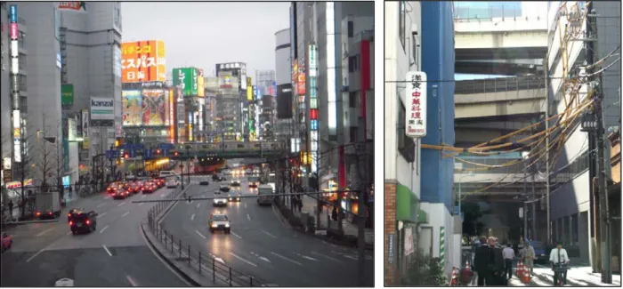 Figure 1 - View of one of the many business districts of Tokyo (left). Expressways in three  levels above ground running over a crossing street, very close to the buildings (right)