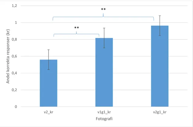Figur 9. Andel korrekta responser inklusive standardfelstaplar (n = 25) för fotografierna med två  motorcyklar med vita glas (v2_kr), med en motorcykel med vitt glas och en motorcykel med gult glas  (v1g1_kr) samt med två motorcyklar med vita glas och en m
