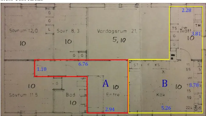 Fig 5.1 Test areas A and B with measurements. Area A is a hallway, area B is a kitchen  with a connected vestibule.