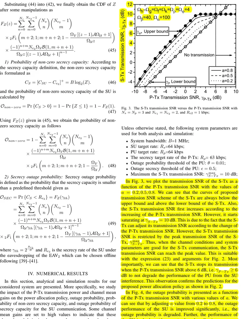 Fig. 3. The S-Tx transmission SNR versus the P-Tx transmission SNR with N s = N p = 3 and N e 1 = N e 2 = 2, and R e2 = 1 kbps;