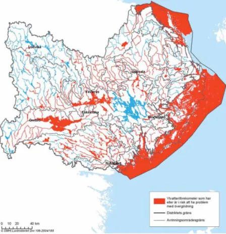 Figur 12. Rödmarkerade områden visar på vattenförekomster som   har problem med övergödning (Vattenmyndigheten, 2009 (a))
