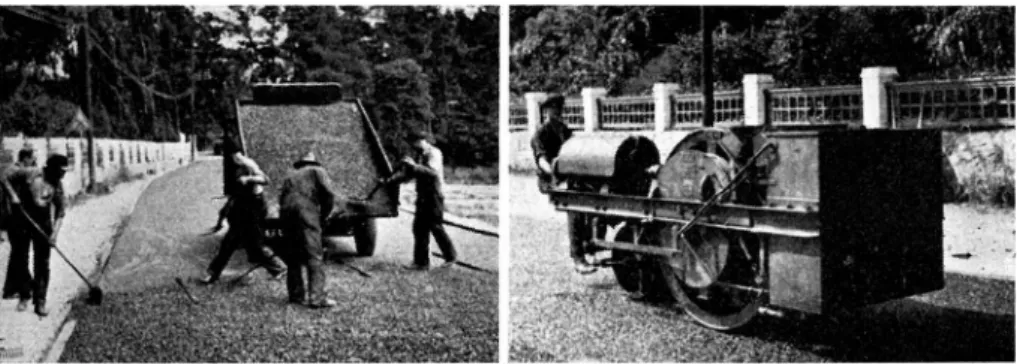 Fig.  15.  Utläggning  av  varm  tjärbetong-  Fig.  16.  Vältning  med  2,5  tons vält.