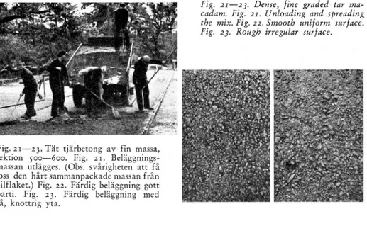 Fig.  2 i — 23.  T ät  tjärbetong  av  fin  massa,  sektion  500— 600.  Fig.  2 1.  Beläggnings-  massan  utlägges