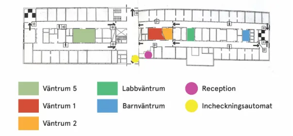 Figur 1. Planritning över vårdcentralen som visar de nuvarande väntrummens  placeringar samt deras tilldelade färger