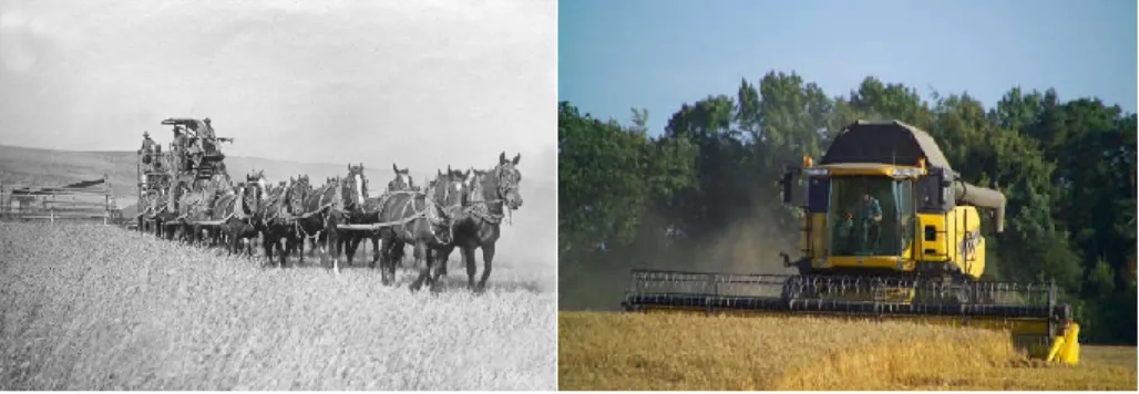 Figure  1  Early  mechanized  agriculture  harvester  (Jackman,  1940)  and  a  modern  combine  harvester