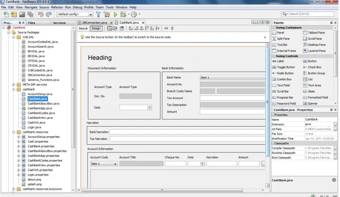 Figure 5.1: NetBeans IDE 6.9.1, Editor, GUI, Other Visual Tools. 