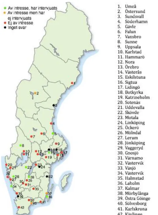 Figur 5 Kommuner som undersökts och valts ut (Hyresnämnden, 2018 modifierad bild) 