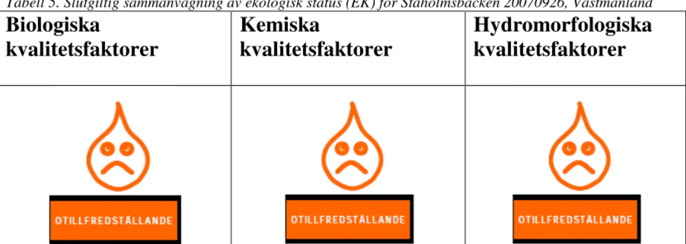 Tabell 5. Slutgiltig sammanvägning av ekologisk status (EK) för Stäholmsbäcken 20070926, Västmanland 