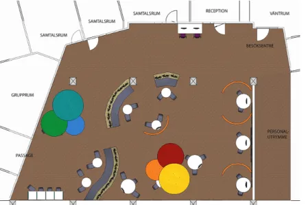 Figur 13 &amp; 14. Till vänster är rummets föränderliga zon markerad i gult och anpassad  för enskilda samtal