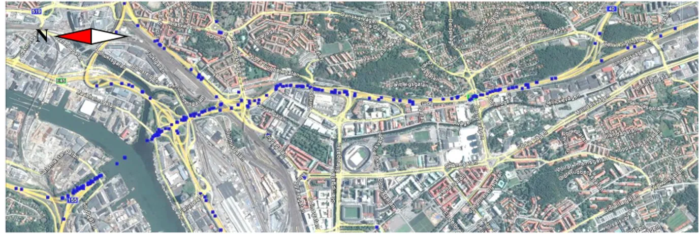 Figure 7. Lane-change accidents (blue dots) on E6 passing through the city of Gothenburg, Sweden,  and involving heavy vehicles, during the years 2003 to 2013 (picture from Google TM  Earth)