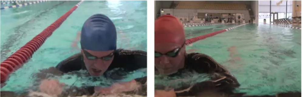 Figure 3.1: Comparison of the two videos. To the left, the swimmer wears a blue cap and to the right, a red cap.