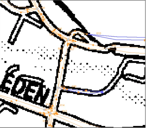 Figur 5  Detaljerad kodning av biltrafiknätet kring Braskens bro. 