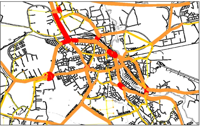 Figur 8 visar den bild av trafiken i Linköping som CONTRAM gav efter den revidering  av OD-matrisen som beskrivits i kapitel 6 ovan