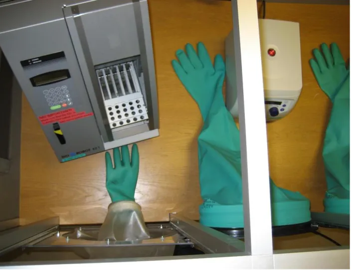 Figure 14. The optimal positioning of the gloves and machinery. The EZ1 is to the left, the microcentrifuge to the  right