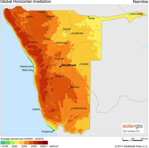 Figure 2 - Irradiation map of Namibia showing the sum of the average annual irradiance (GeoModel  Solar, 2011)