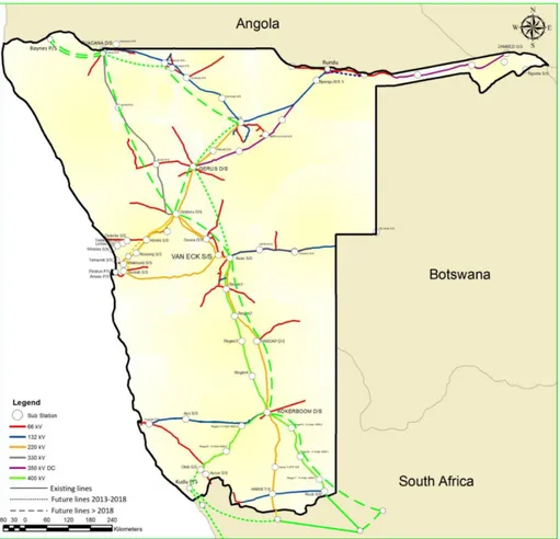 Figure 9 - Map of transmission network in Namibia including the location of substations and  projected lines (NamPower, 2013)