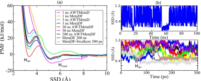 Figure 1. (a) Potentials of mean force (PMF) from CMD along the surface separation distance (SSD) for Lysine on anatase (101) calculated with AWTMetaD and MetaDF at different intervals of time.