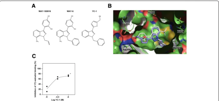 Figure 2 YC-1 binds to estrogen receptor α. (A) Chemical structures of WAY-169916, WAY6 and YC-1