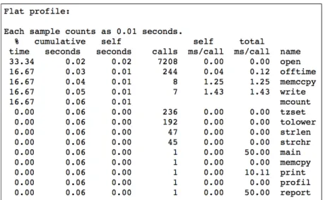 Figure 2.1: Flat profile output from Gprof. For each function executed, the profile shows different statistics on the number of calls, the percentage of time spent, etc.