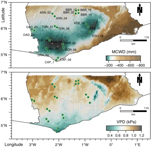 Fig. 1 The distribution of vegetation plots (green dots) in Ghana, West Africa. The top panel shows the maximum climatic water de ﬁcit (MCWD) and the bottom the vapour pressure de ﬁcit (VPD) over the study area averaged over the full study period