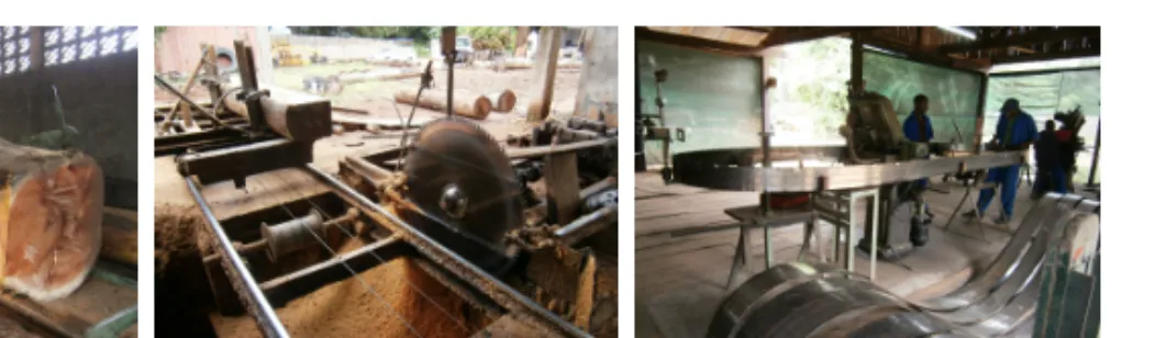 Figure 2.3: Examples of common sawmill equipment in Mozambique: a) a headrig with a bandsaw (Cabrussica sawmill, Sofala), b) a circular saw sawmill (David sawmill,  Nam-pula), and c) a sharpener section (Catapu sawmill, Sofala)