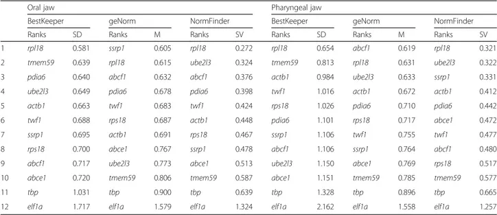 Table 2 Ranking and statistical analyses of reference genes in oral and pharyngeal jaws across all of the haplochromine species from three East African lakes