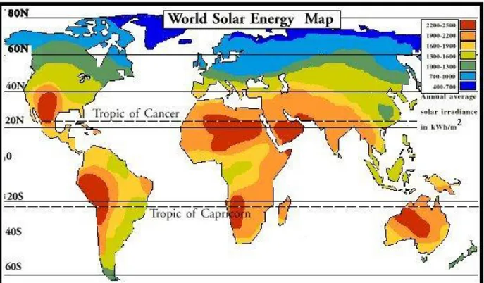 Fig. 11. World map of solar irradiance. (Murdoch University, 2013a) 