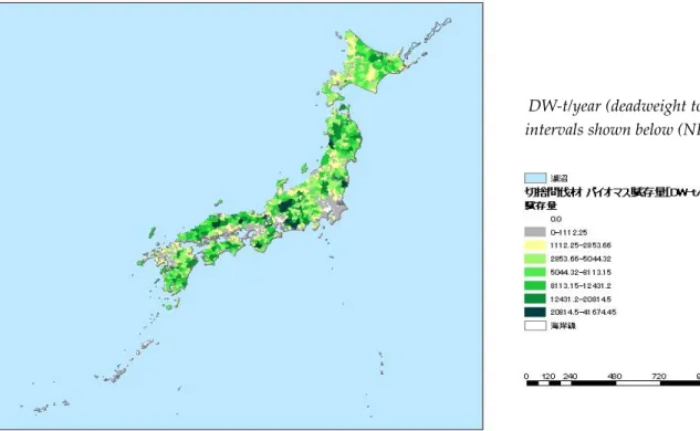 Figure 9: Mapping of Japan's biomass potential in terms of forest residue (NEDO, 2015) 