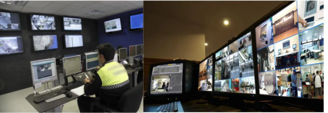 Figure 1: Control centers with video walls for surveillance of a city (left) and a bank (right)