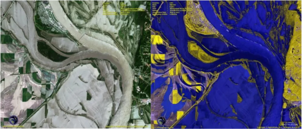 Figure 11: Left: A satellite image of the Mississippi river flooding in Illinois. Right: A false  colored  image  visualizing  which  areas  are  covered  with  water  (blue)