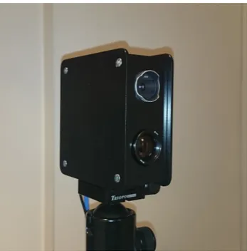 Fig. 1. The hardware prototype mounted on a tripod. The visual camera on top and the thermal camera below.