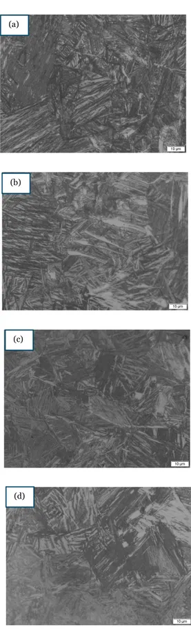 Figure  4  –  Microstructural  change  during  the  austempering at 275 o C for (a)30 (b) 60 (c) 90 and (d)  120 mins; austenitizing time of 60 mins