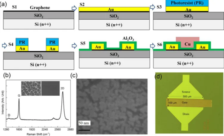 FIG. 1. (a) Schematic process flow for a DG-GFET with key steps from SLG transfer onto an oxidized Si (n þþ ) capped with SiO 2 of 120 or 200 nm in thick- thick-ness (S1), passivation of the SLG with Au (S2), removal of the unwanted Au and SLG for device i