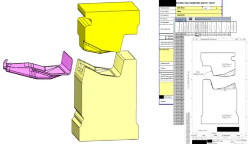 Figure 6.  Resulting tool-inserts (middle) and initial documentation (right) for a   long bracket (left) 
